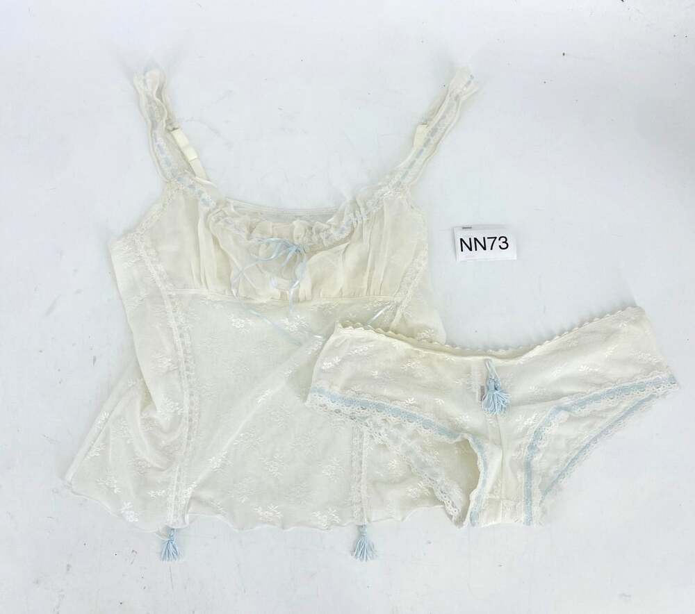 Y2K Necessary Objects Lace Milkmaid Cami Cheeky Undies Set White Blue L Coquette